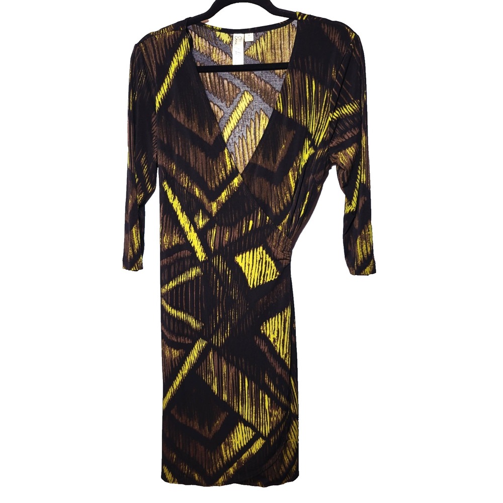 Emma & Michelle Abstract Wrap Skirt 3/4‎ Sleeve Black/Brown/Green Size Medium